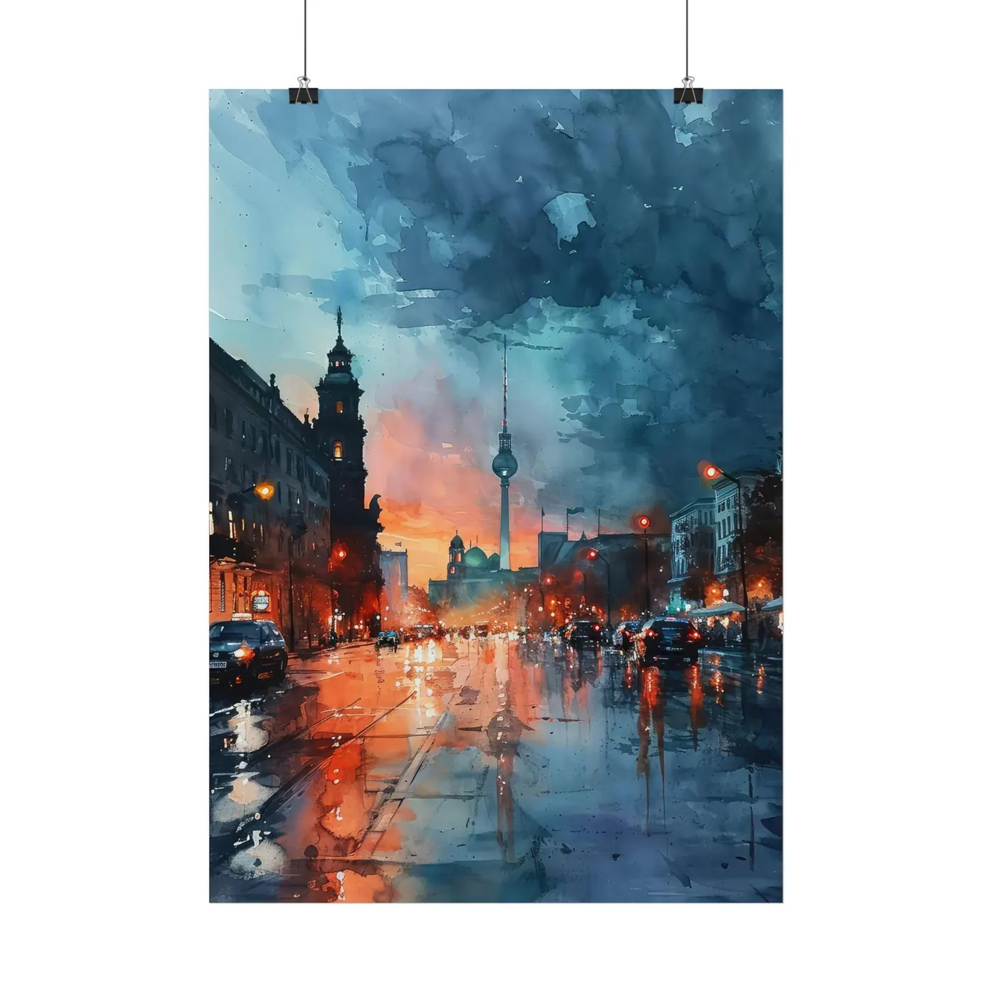 Aquarell Poster Motiv: Berliner Fernsehturm bei Regen und Abendlicht