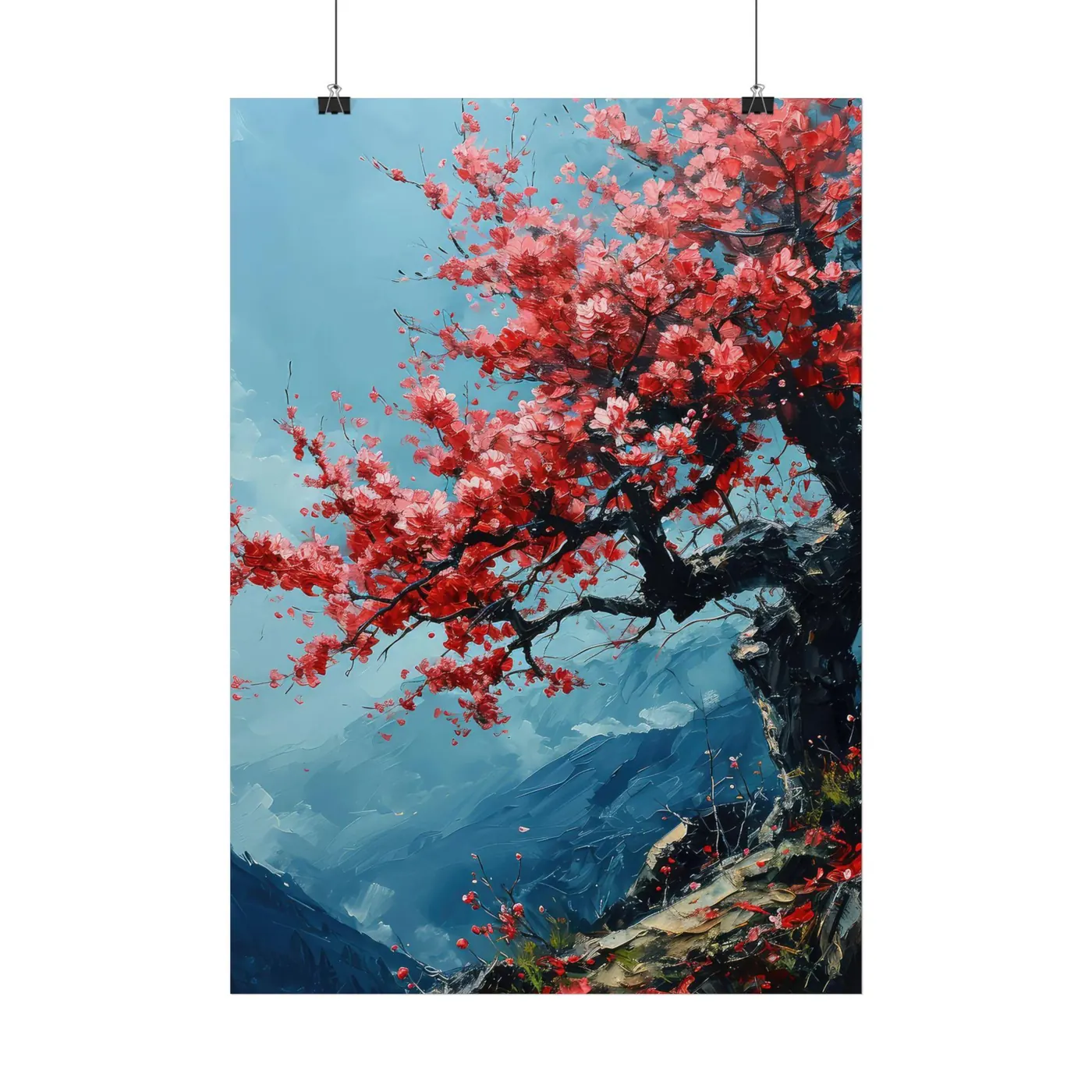 Aquarell Poster Motiv: Kirschblüte vor Berglandschaft