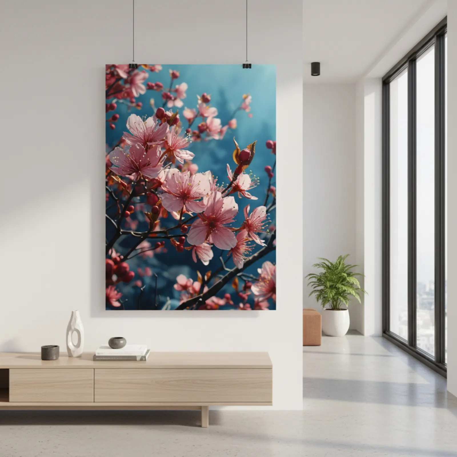 Mockup: Aquarell Poster im Flur – Kirschblüten Motiv