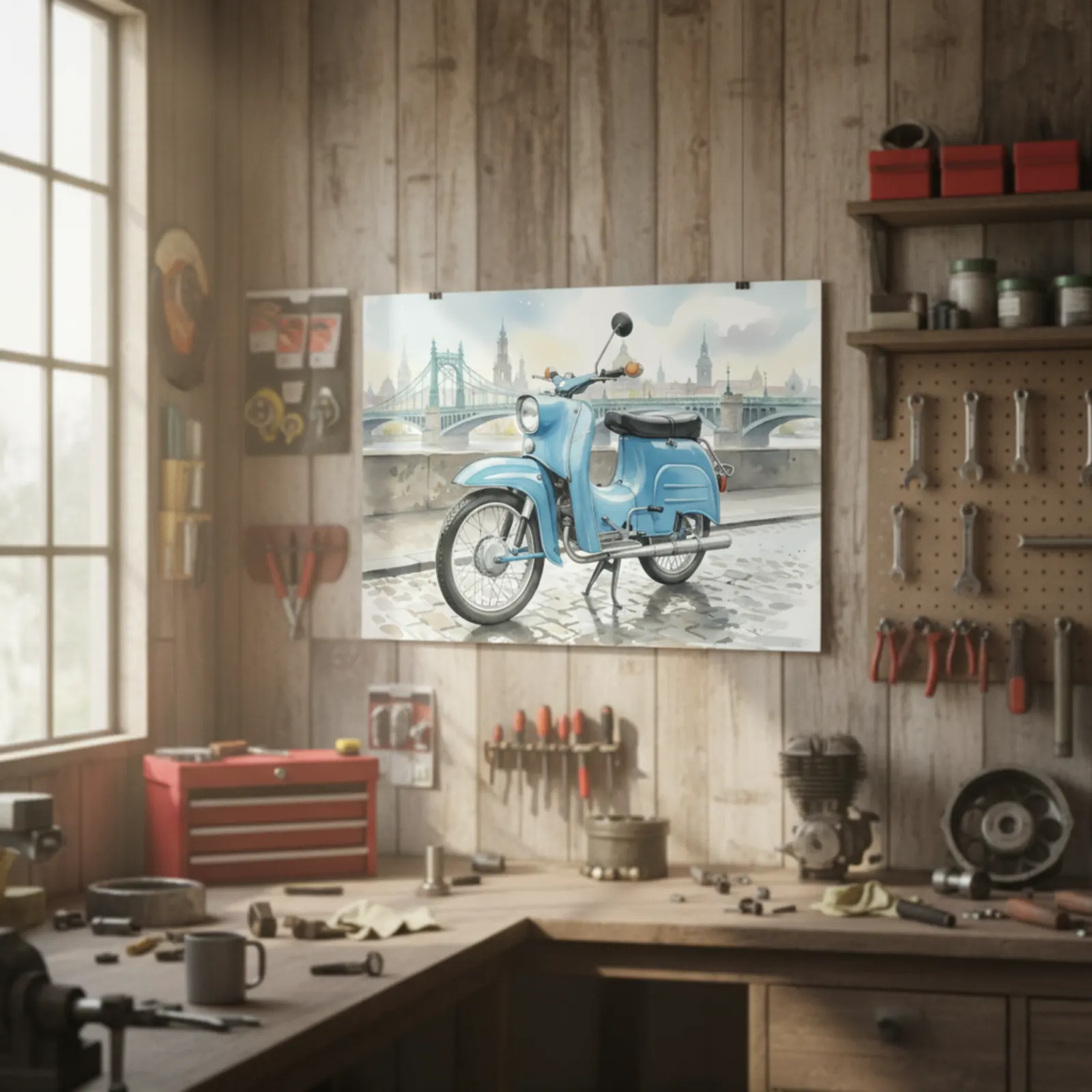 Mockup: Aquarell Poster in Werkstatt – Motiv Vintage Motorrad