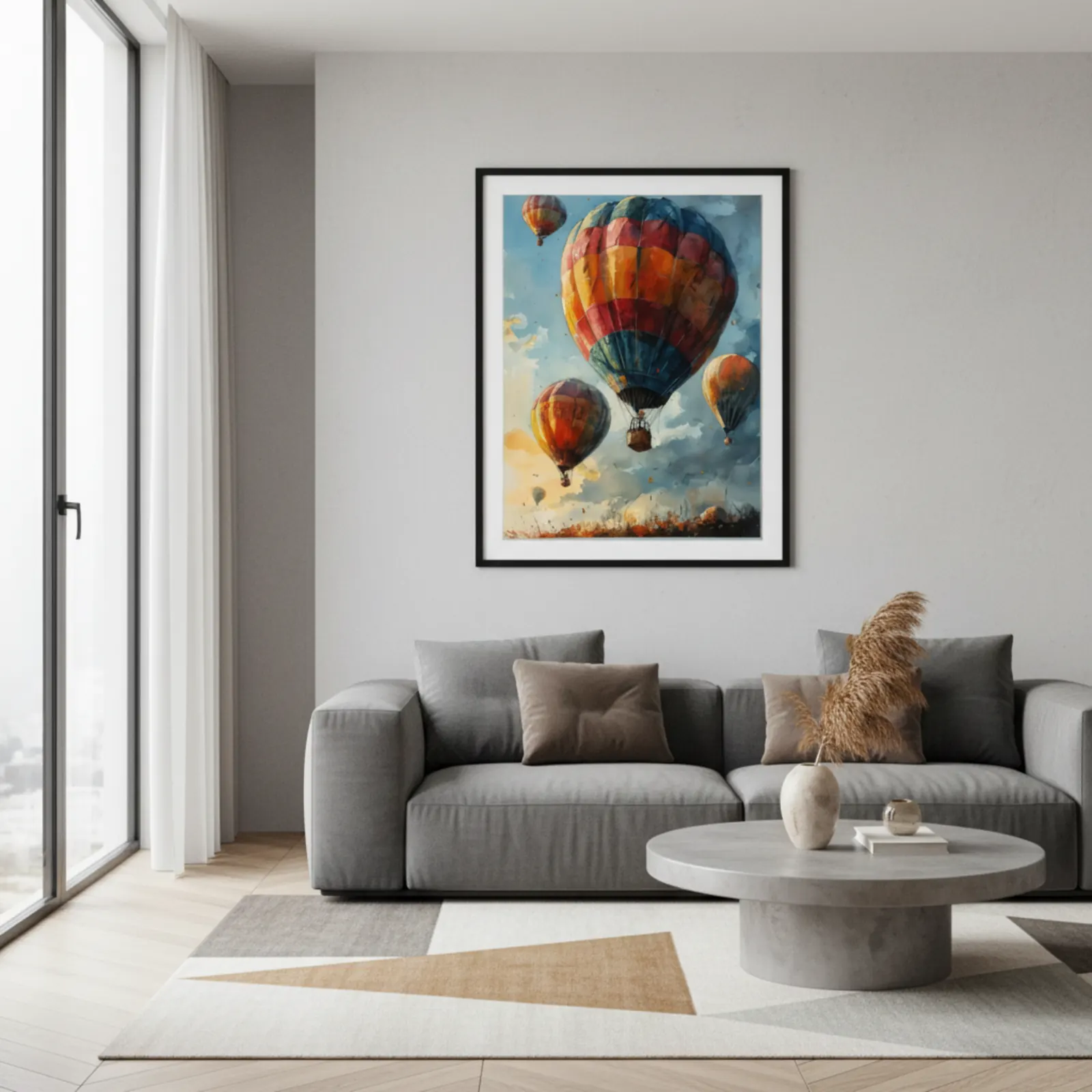 Mockup: Aquarell Poster im Wohnzimmer – Motiv Heißluftballon