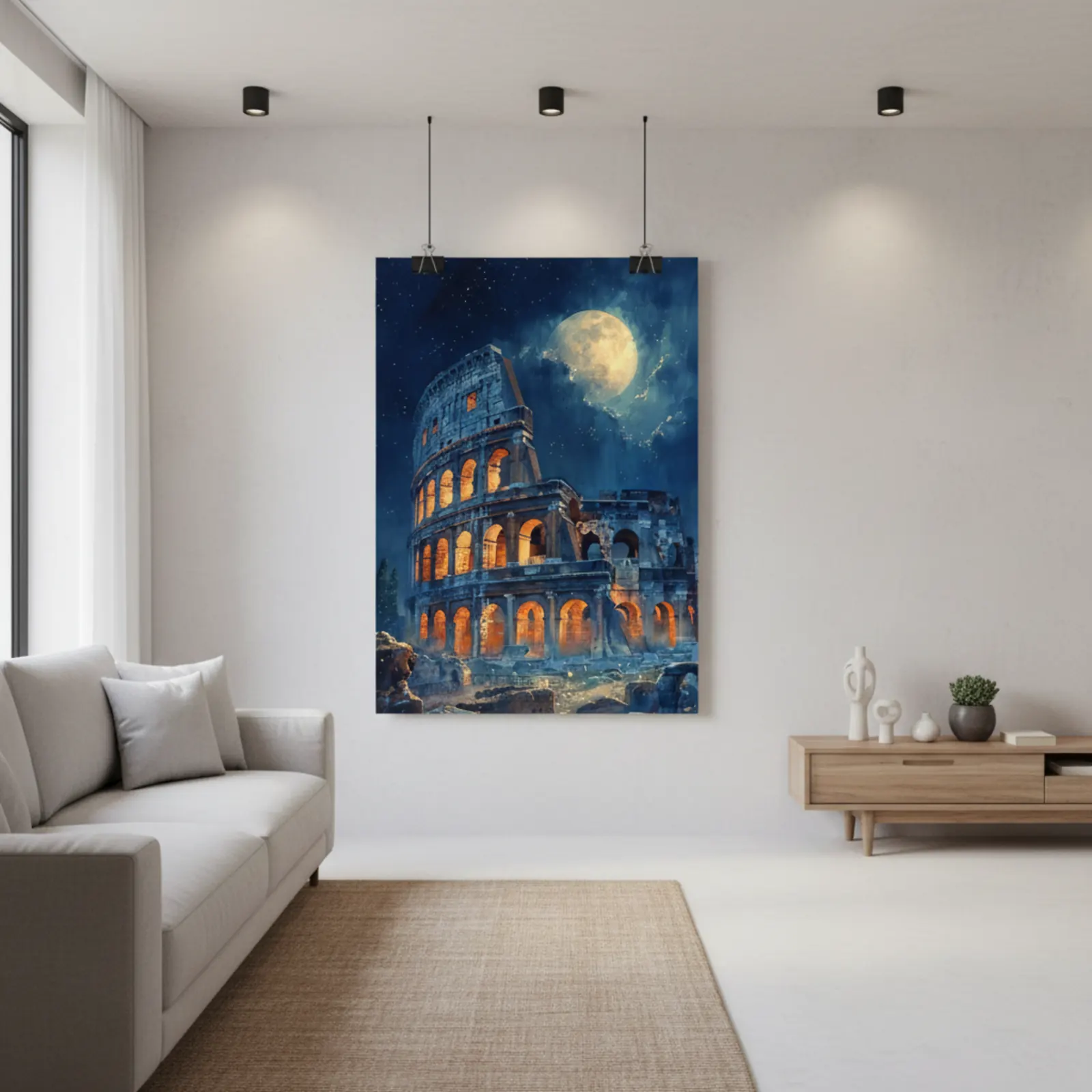 Mockup: Aquarell Poster im Wohnzimmer – Motiv Kolosseum bei Nacht